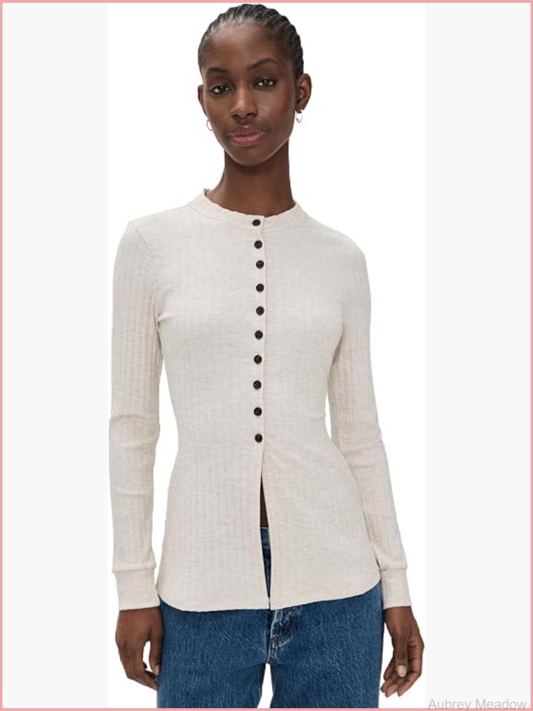 Women's Long Sleeve Cardigan Lightweight Ribbed Knit Crew Neck S-M